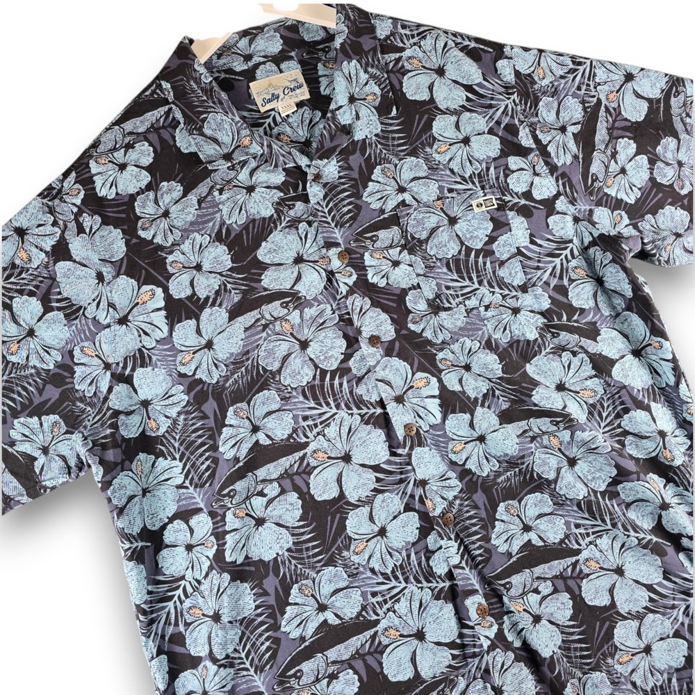 Salty Crew Mens 3XL Black Blue Floral Marlin Cotton Viscose Short Sleeve Shirt